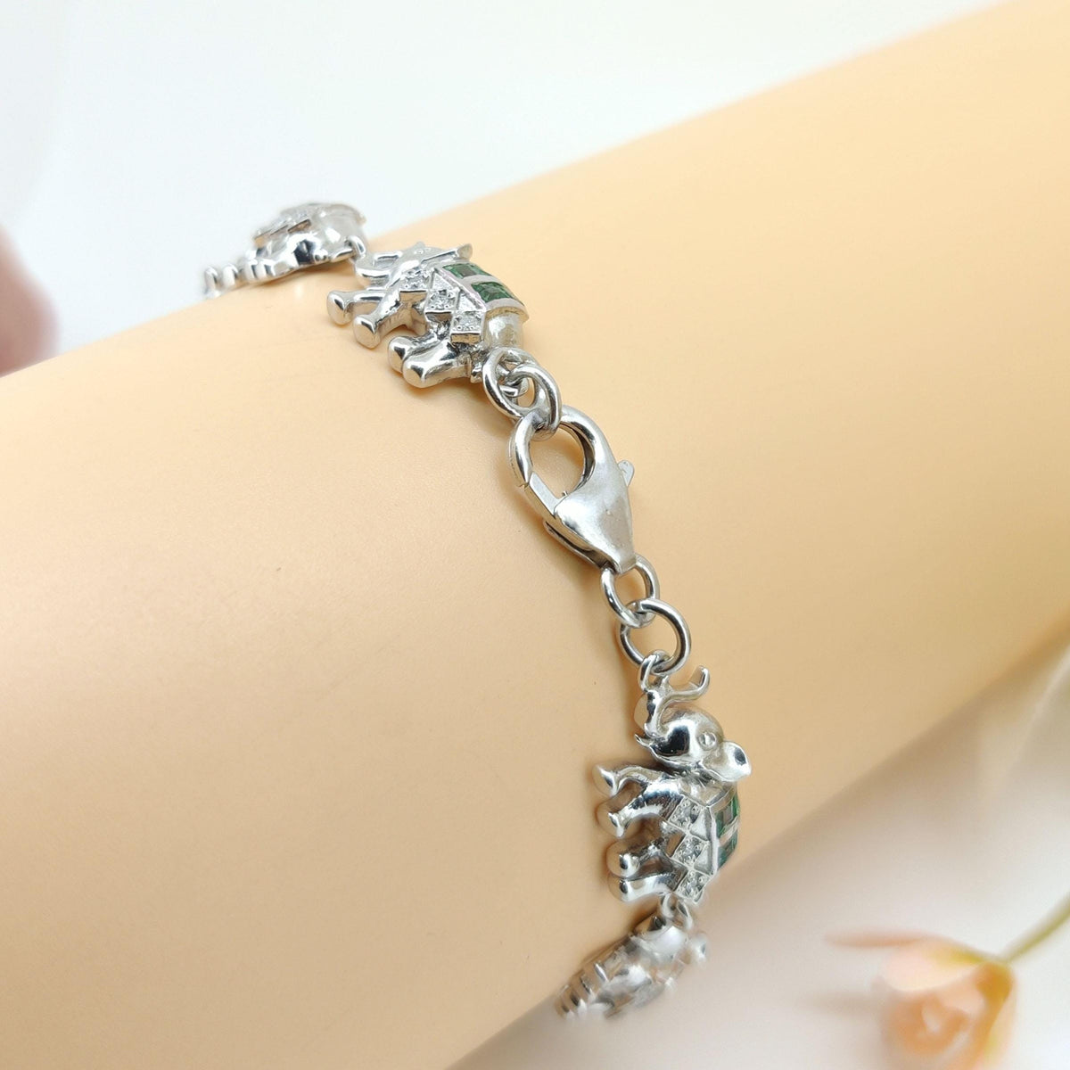 Natural Emerald Elephant Bracelet-925 Sterling Silver-Square Gemstone-May Birthstone Bracelet