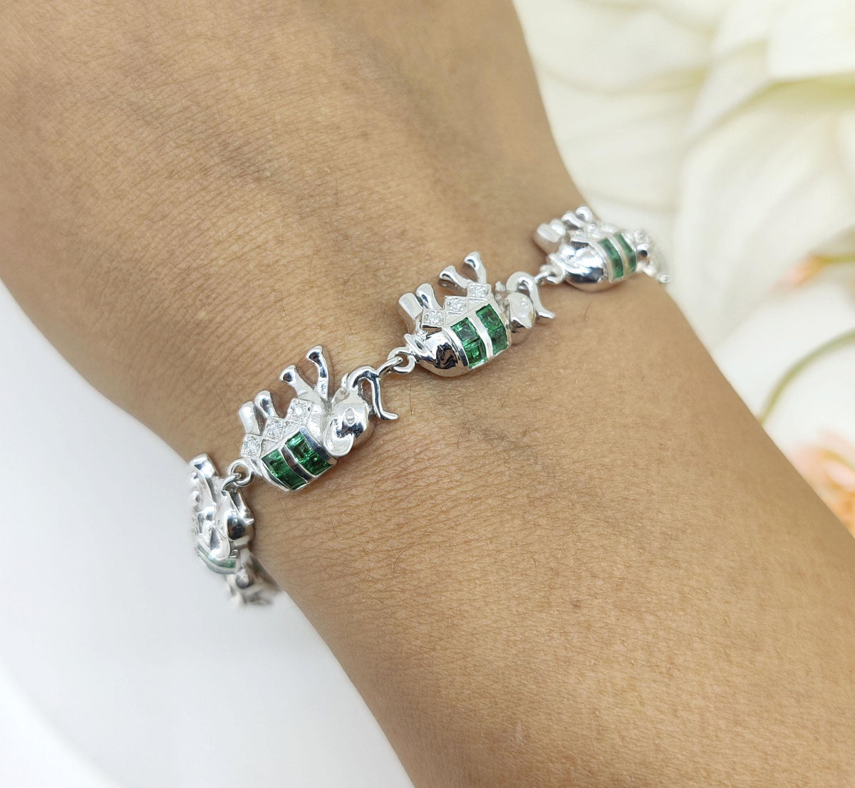 Natural Emerald Elephant Bracelet-925 Sterling Silver-Square Gemstone-May Birthstone Bracelet