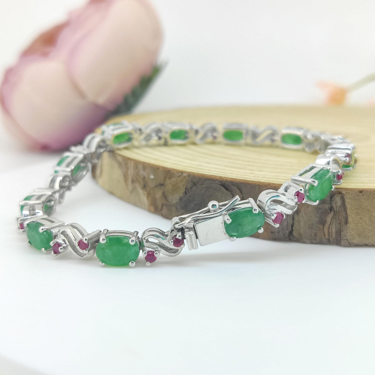 Natural Emerald Bracelet-925 Sterling Silver Jewelry-Oval Cut Gemstone-May Birthstone Bracelet-Diamond Tennis Bracelet-Gift for Anniversary