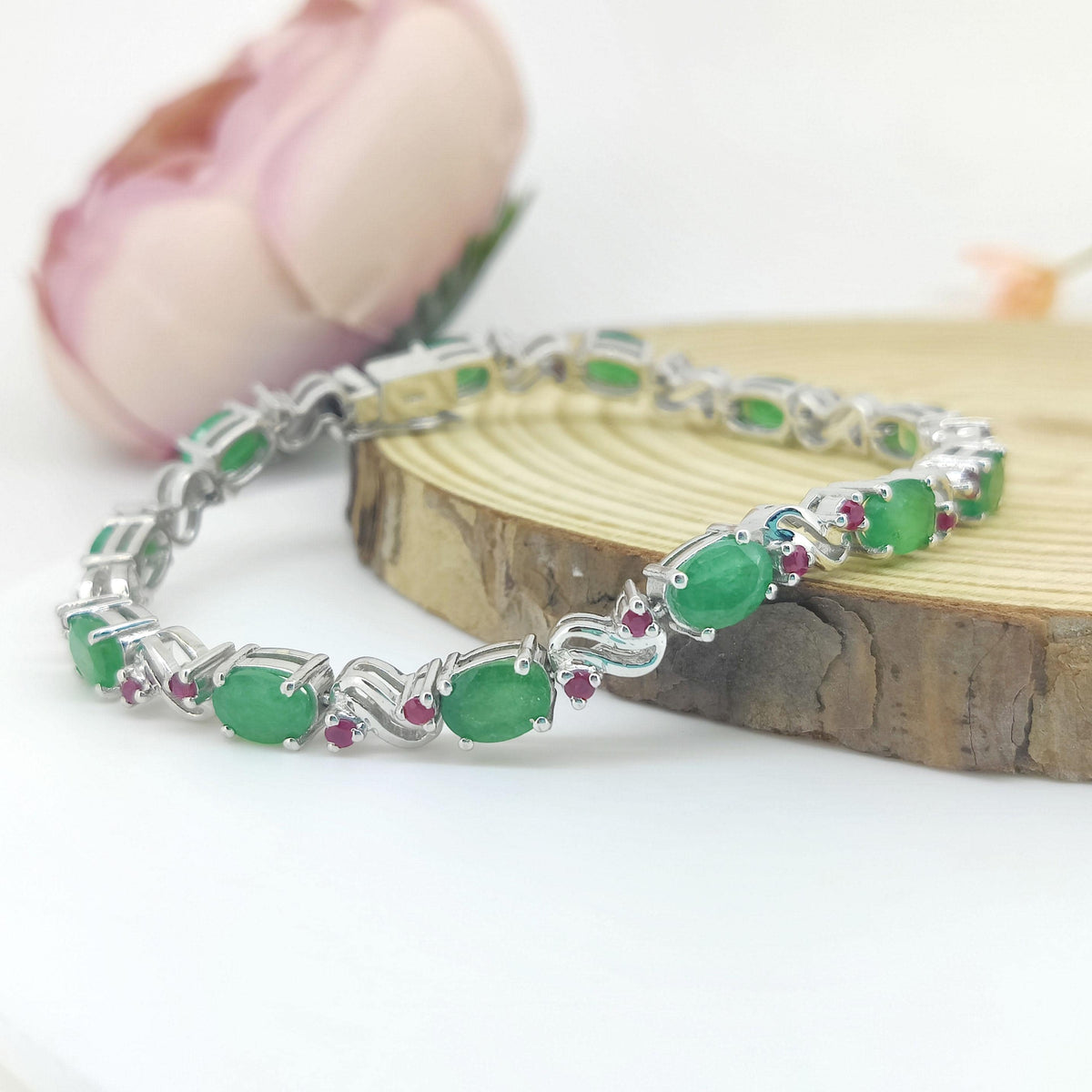 Natural Emerald Bracelet-925 Sterling Silver Jewelry-Oval Cut Gemstone-May Birthstone Bracelet-Diamond Tennis Bracelet-Gift for Anniversary