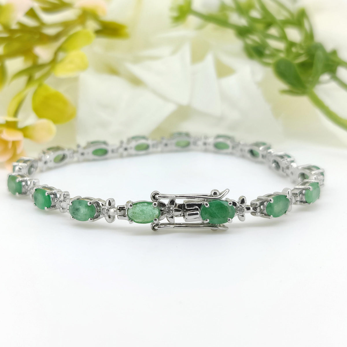 Natural Emerald Bracelet-925 Sterling Silver-Gemstone Tennis Bracelet-May Birthstone-Oval Green Emerald Jewelry-Gift for Anniversary