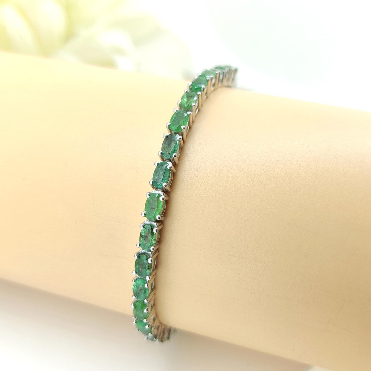 Natural Emerald Tennis Bracelet-925 Sterling Silver-May Birthstone-Green Emerald Jewelry