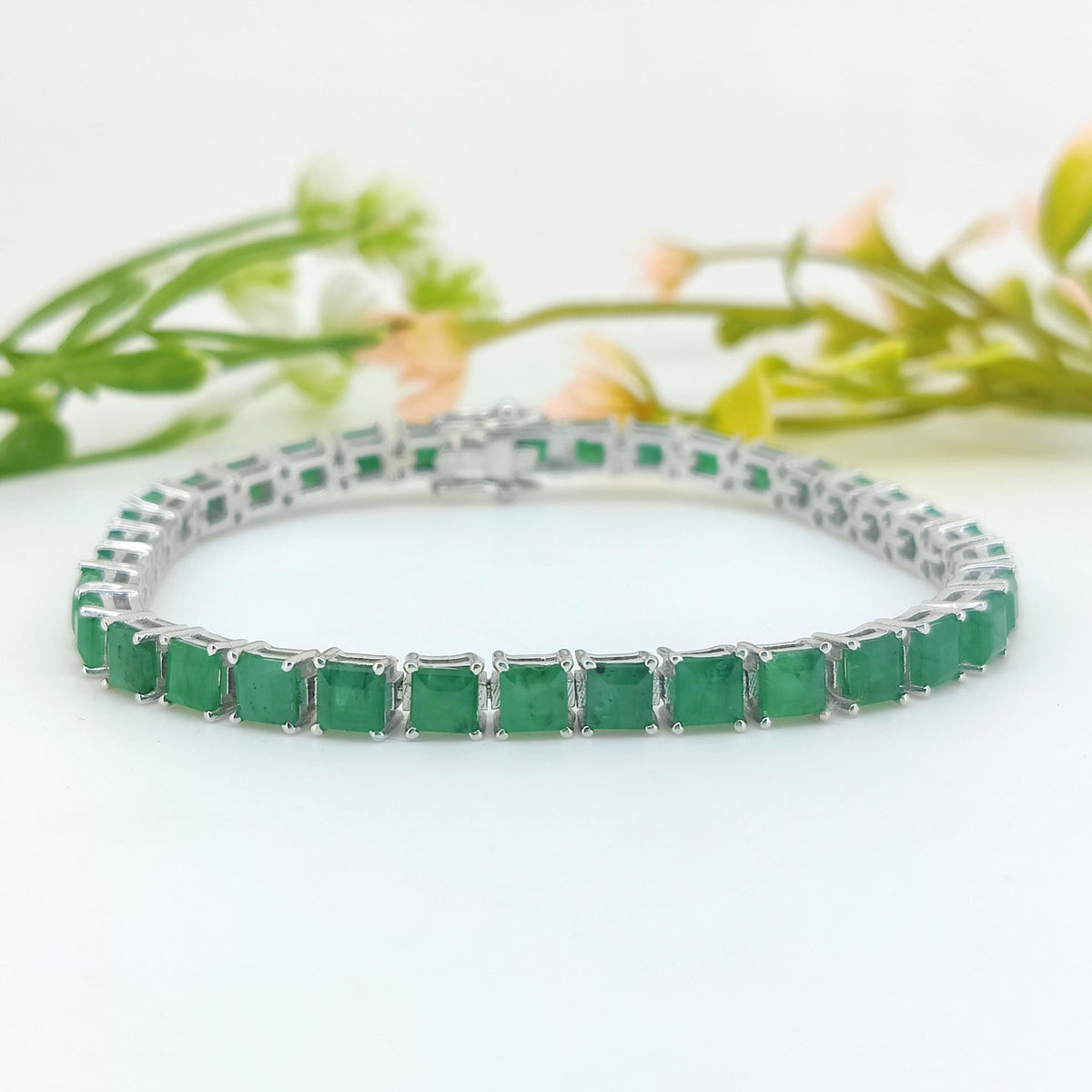 Natural Square Emerald Bracelet-925 Sterling Silver Jewelry-May Birthstone-Gemstone Tennis Bracelet-Green Emerald Jewelry-Gift for Birthday