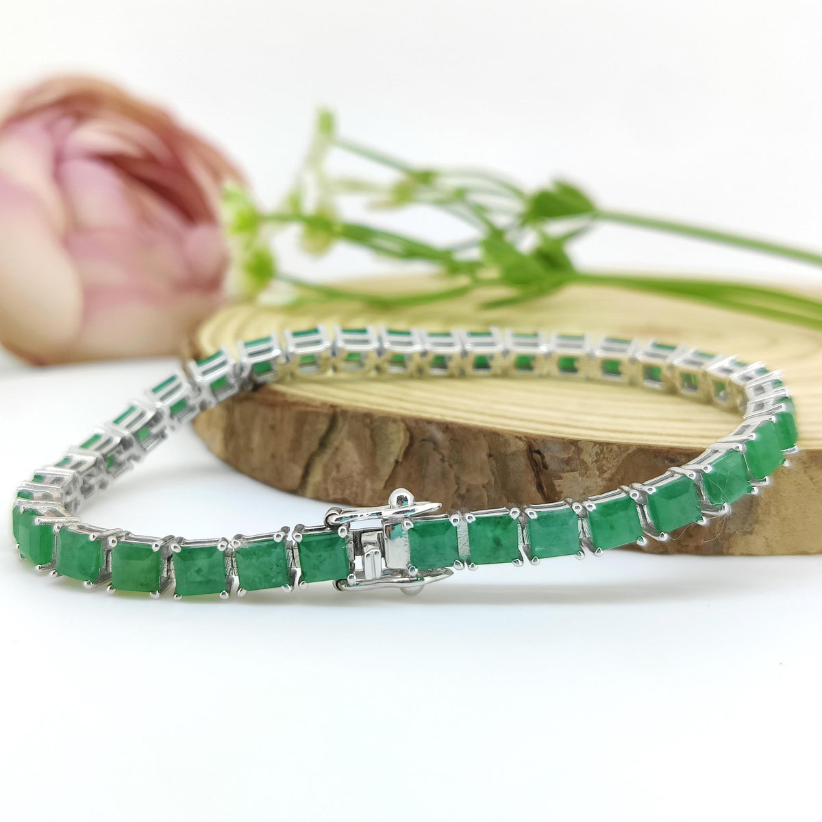 Natural Square Emerald Bracelet-925 Sterling Silver Jewelry-May Birthstone-Gemstone Tennis Bracelet-Green Emerald Jewelry-Gift for Birthday