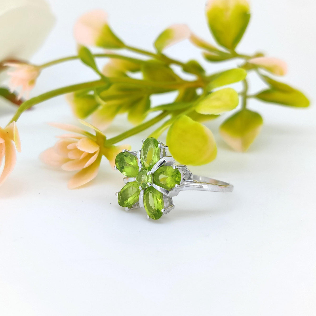 Natural Peridot Flower Ring-925 Sterling Silver -Oval Gemstone-August Birthstone Jewelry