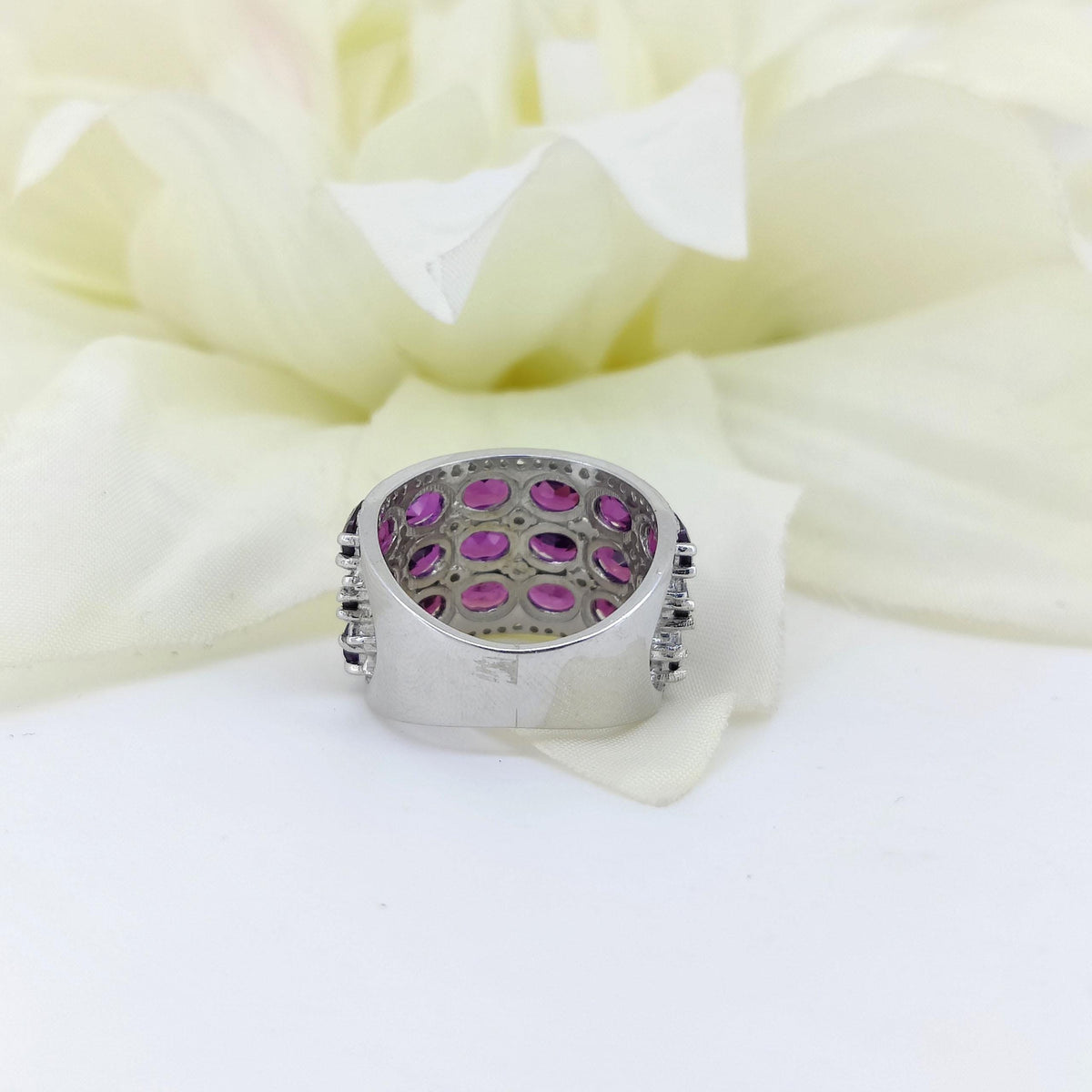 Rhodolite Garnet Half Eternity Ring: Oval Gemstone, Sterling Silver