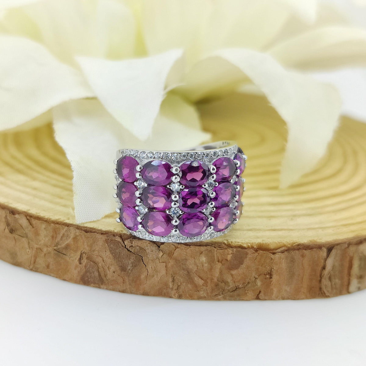 Rhodolite Garnet Half Eternity Ring: Oval Gemstone, Sterling Silver