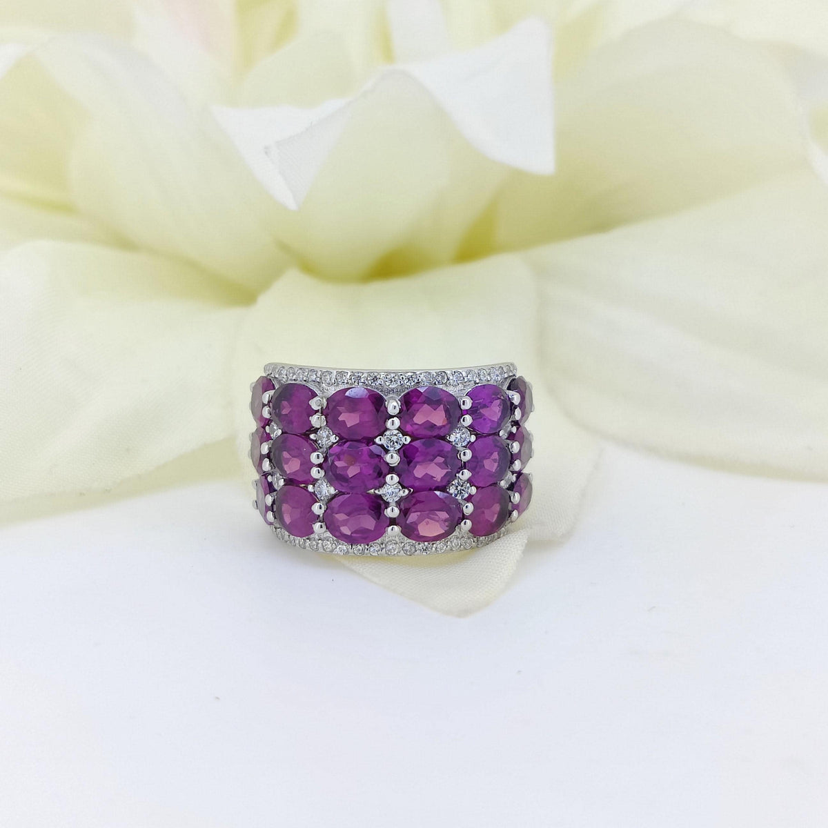Rhodolite Garnet Half Eternity Ring: Oval Gemstone, Sterling Silver
