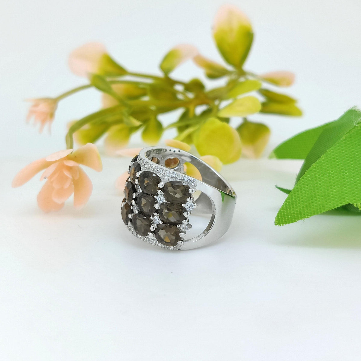 Smoky Quartz Sterling Silver Ring: Half Eternity Gemstone Band