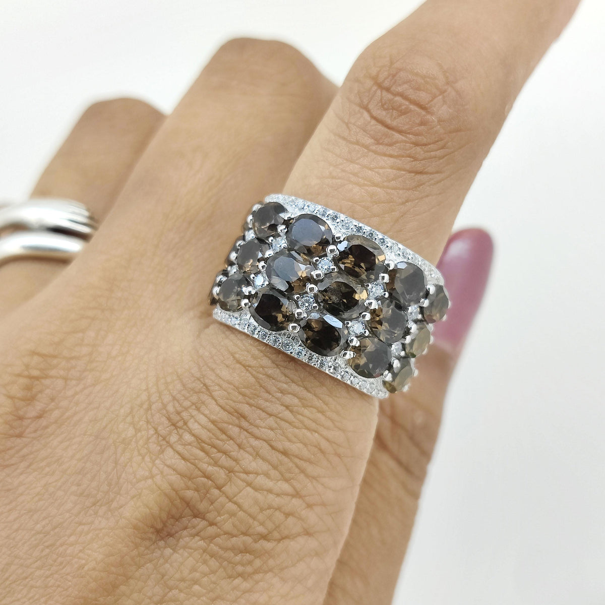 Smoky Quartz Sterling Silver Ring: Half Eternity Gemstone Band