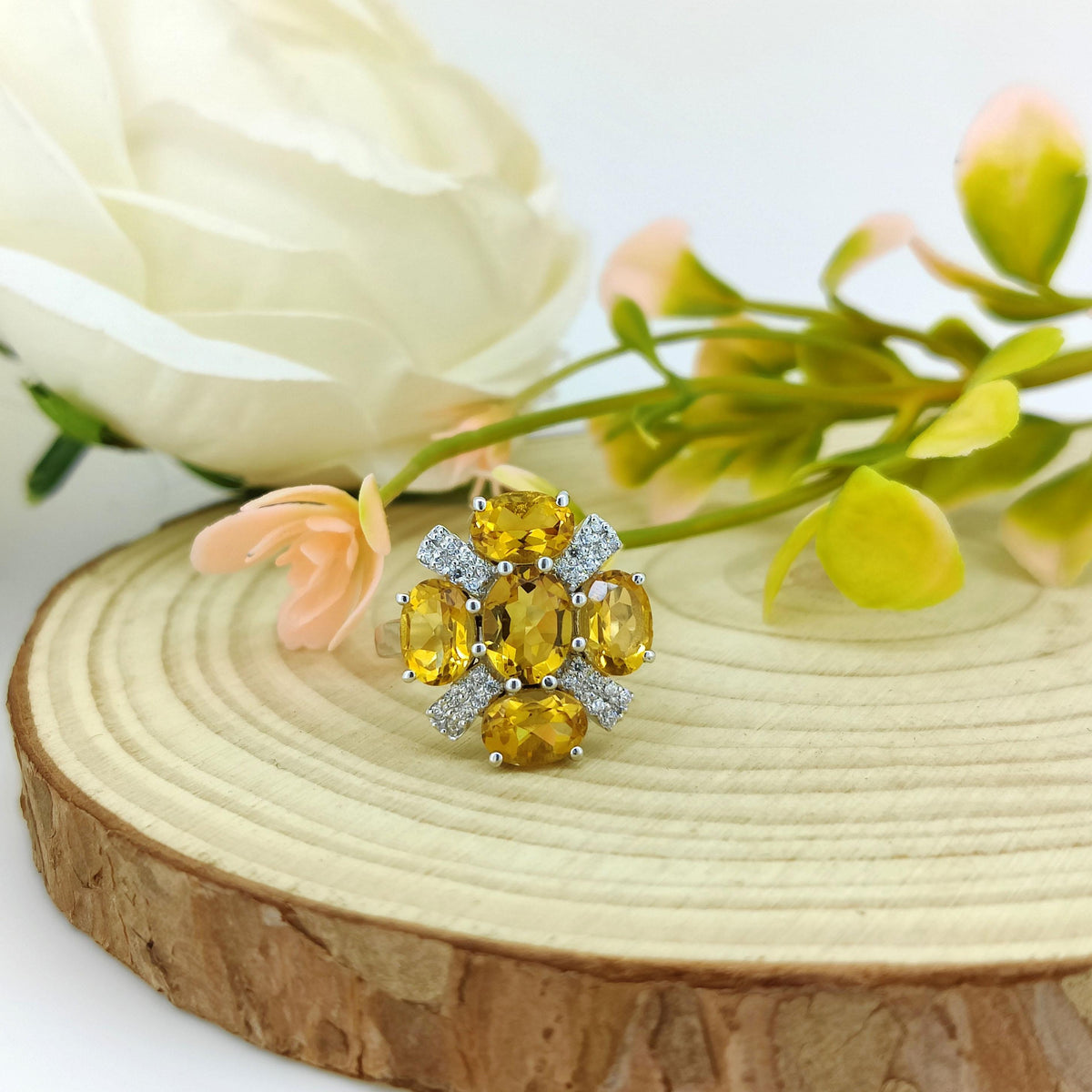Natural Citrine Flower Ring-925 Sterling Silver Jewelry-November Birthstone-Citrine Jewelry