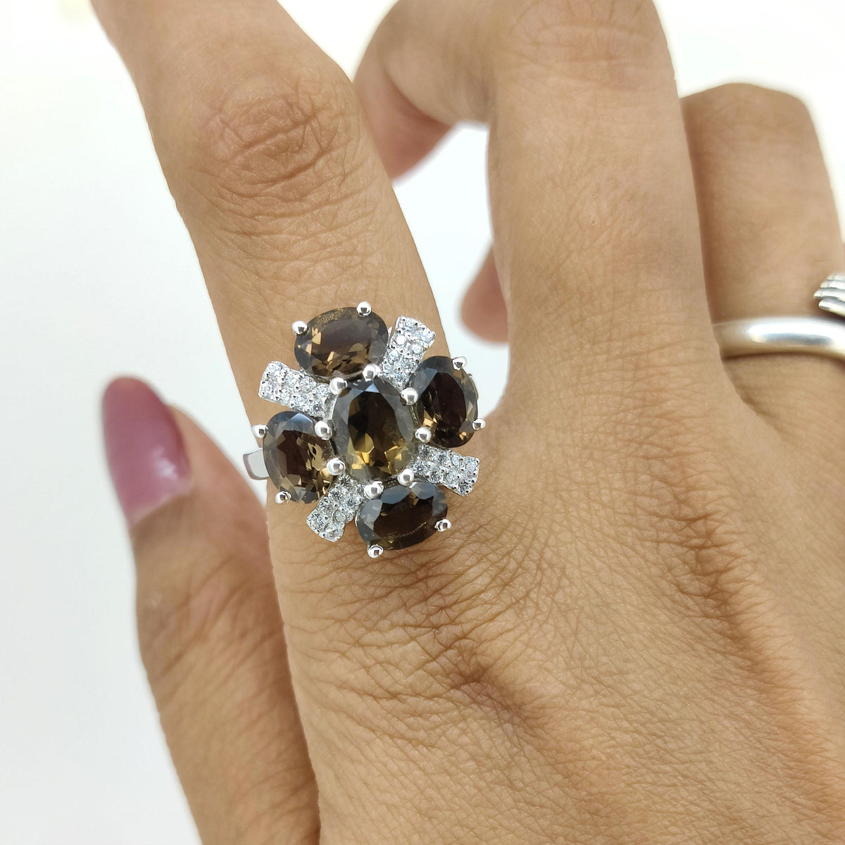 Smoky Quartz Flower Ring: Sterling Silver Gemstone, June Birthstone