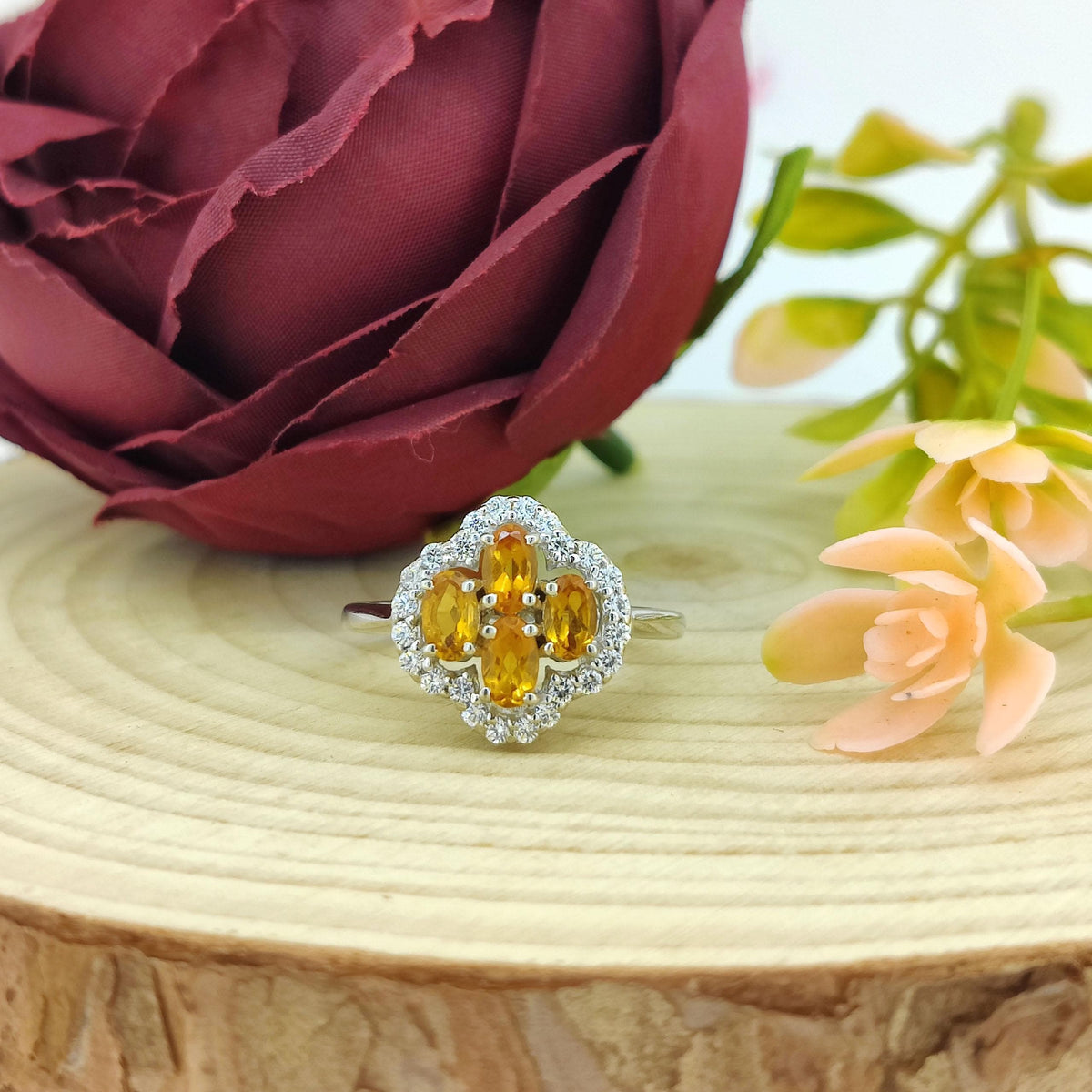 Natural Citrine Ring-Oval Cut Gemstone-925 Sterling Silver Flower Ring-November Birthstone-Yellow Citrine Jewelry-Gift for Engagement