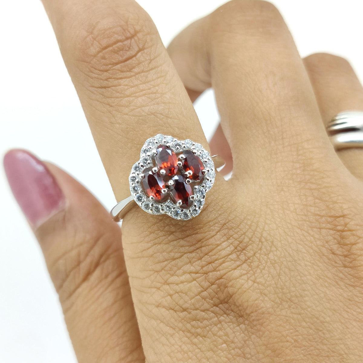 Garnet Flower Ring: Sterling Silver January Birthstone Jewelry