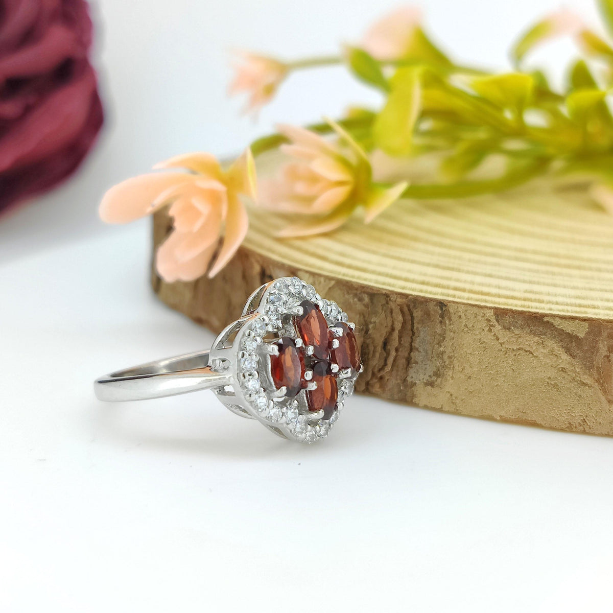 Garnet Flower Ring: Sterling Silver January Birthstone Jewelry