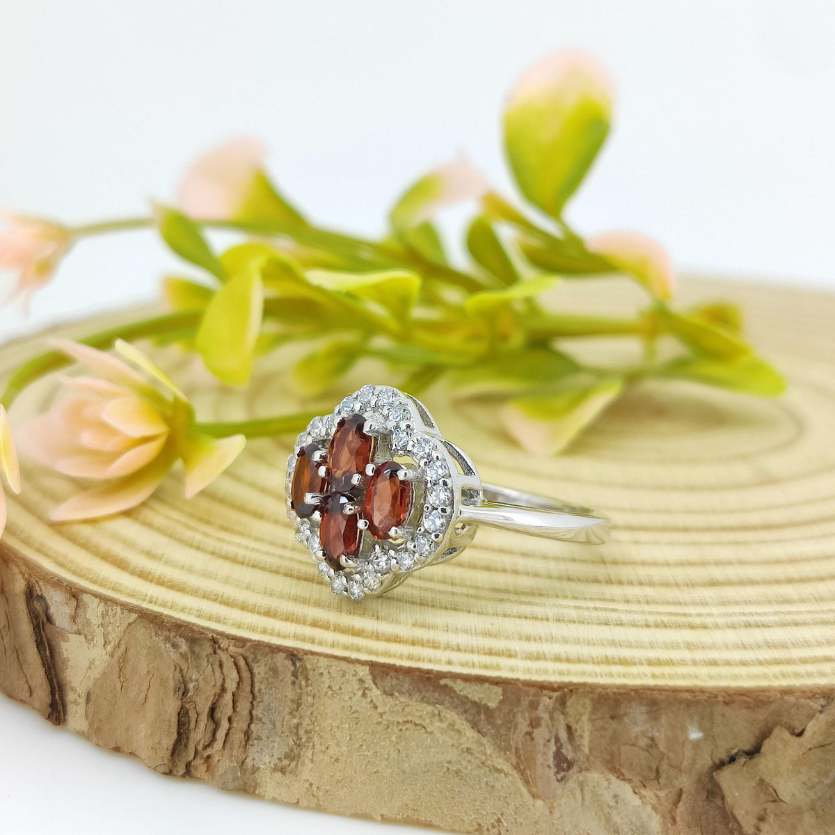 Garnet Flower Ring: Sterling Silver January Birthstone Jewelry