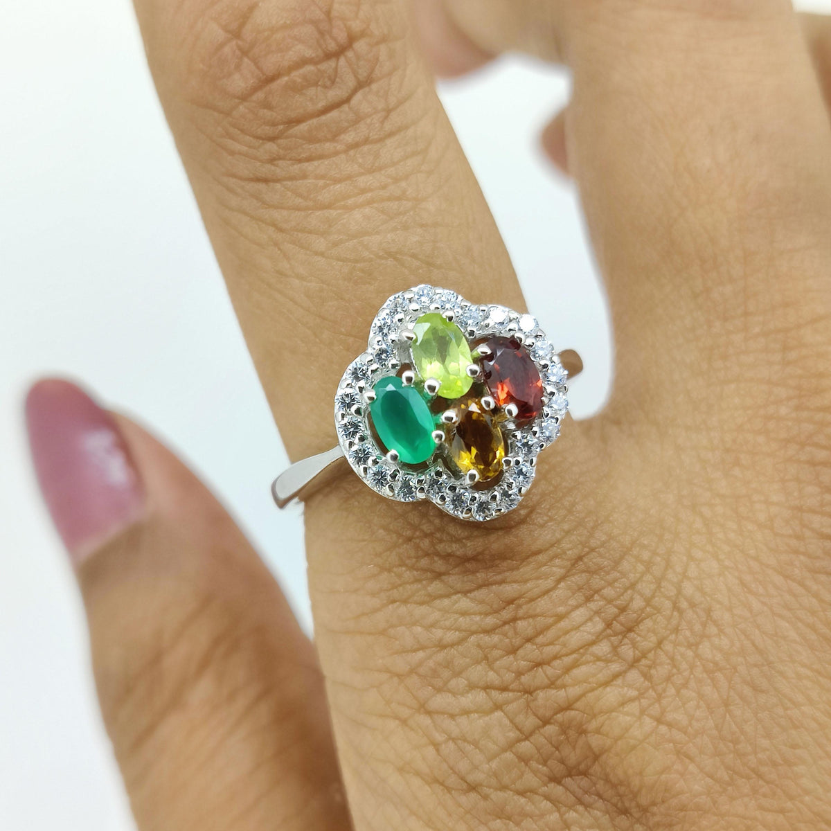 Natural Multi Gemstone Ring-925 Sterling Silver-Cluster Ring-Birthstone Jewelry-Multi Stone Engagement Ring-Anniversary Gift for wife