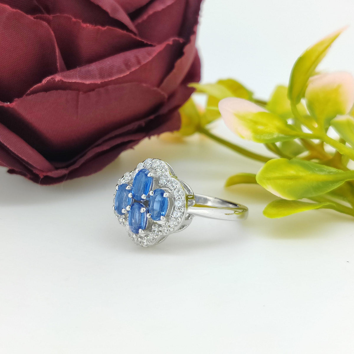 Natural Kyanite Gemstone Ring-925 Sterling Silver-Gemstone Cluster Ring-Cubic Zircon-September Birthstone-Oval Kyanite Jewelry-Gift for wife