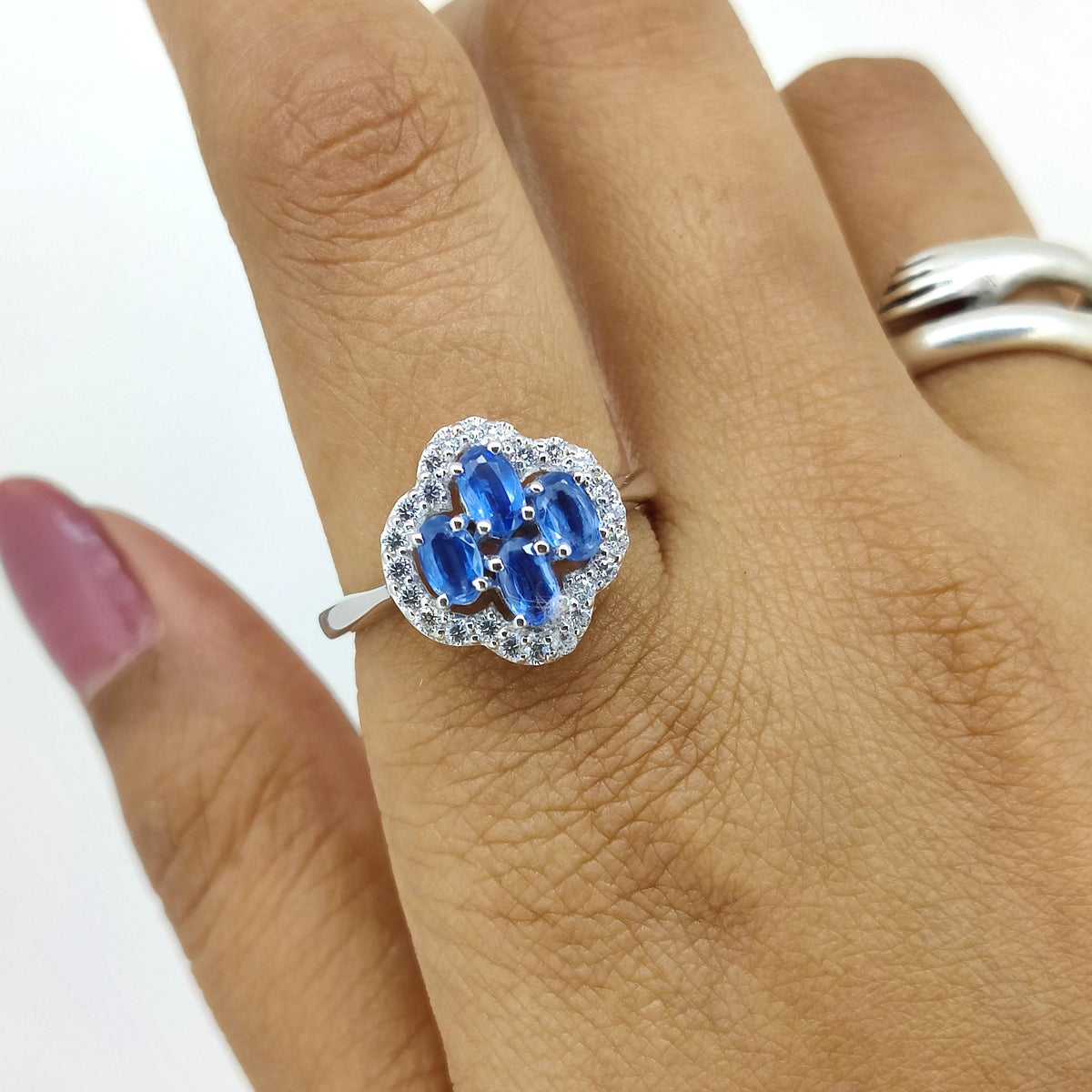 Natural Kyanite Gemstone Ring-925 Sterling Silver-Gemstone Cluster Ring-Cubic Zircon-September Birthstone-Oval Kyanite Jewelry-Gift for wife