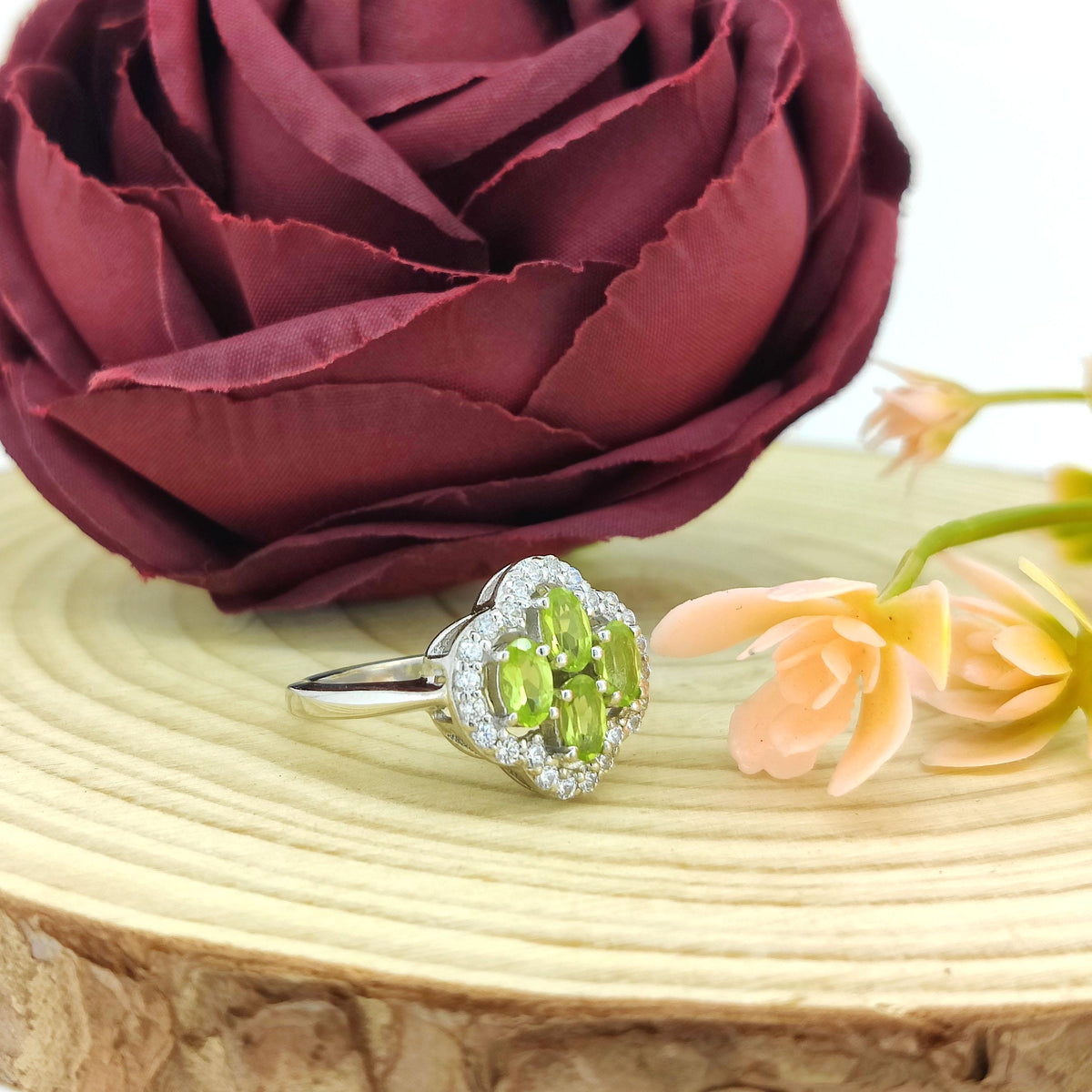 Peridot Cluster Ring: Oval Green Gemstone, Sterling Silver, August Birthstone
