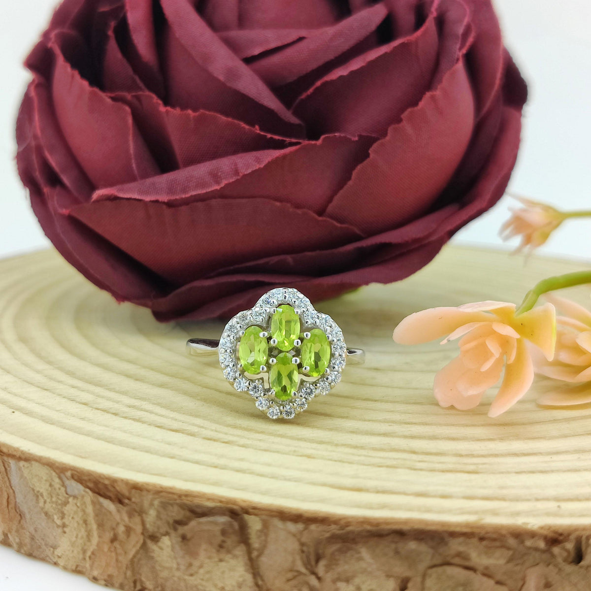 Peridot Cluster Ring: Oval Green Gemstone, Sterling Silver, August Birthstone