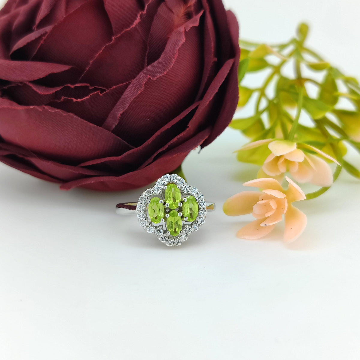 Peridot Cluster Ring: Oval Green Gemstone, Sterling Silver, August Birthstone
