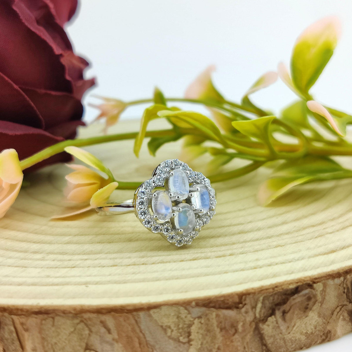 Natural Rainbow Moonstone Gemstone Ring-925 Sterling Silver-Gemstone Cluster Ring-Cubic Zircon-June Birthstone-Oval Moonstone Jewelry Gift