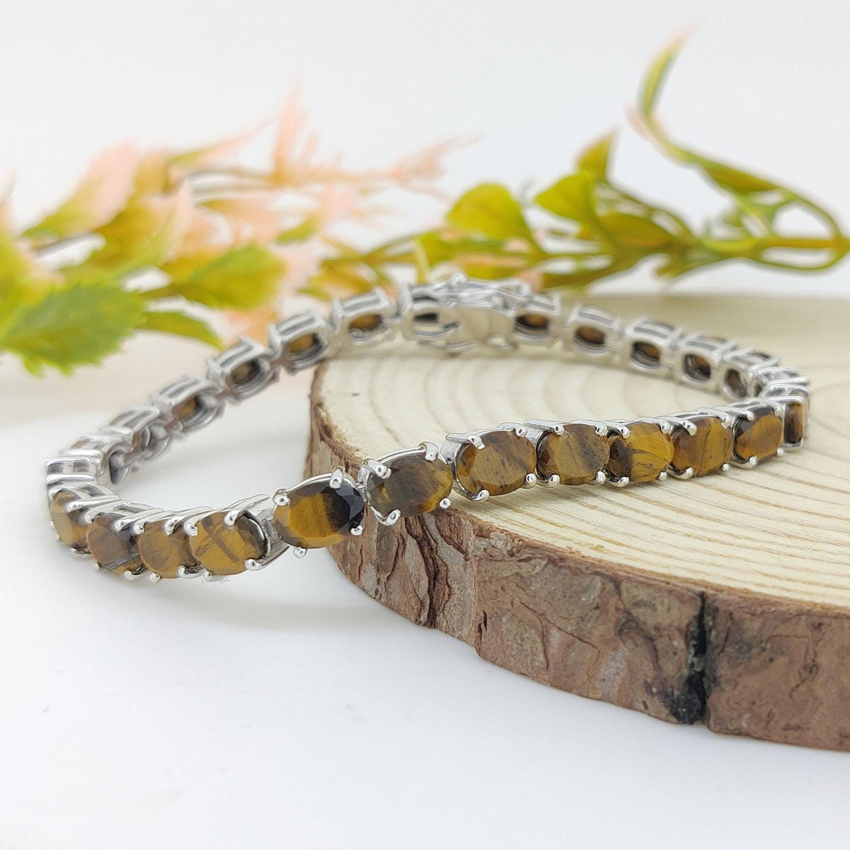 Tiger's Eye Tennis Bracelet: Oval Gemstone, 925 Sterling Silver, November Birthstone