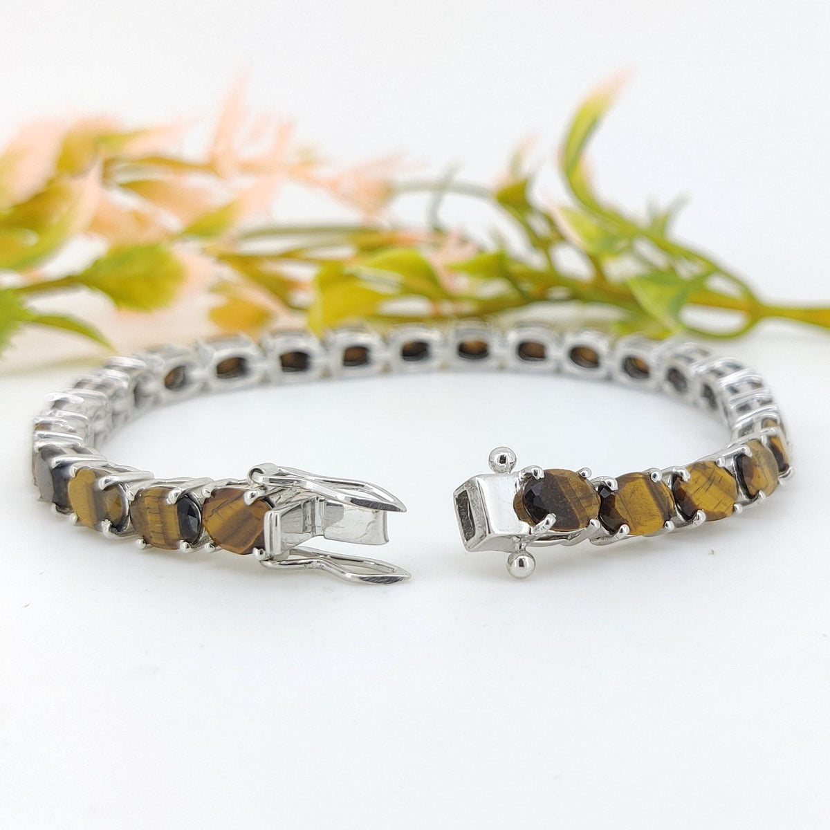 Tiger's Eye Tennis Bracelet: Oval Gemstone, 925 Sterling Silver, November Birthstone