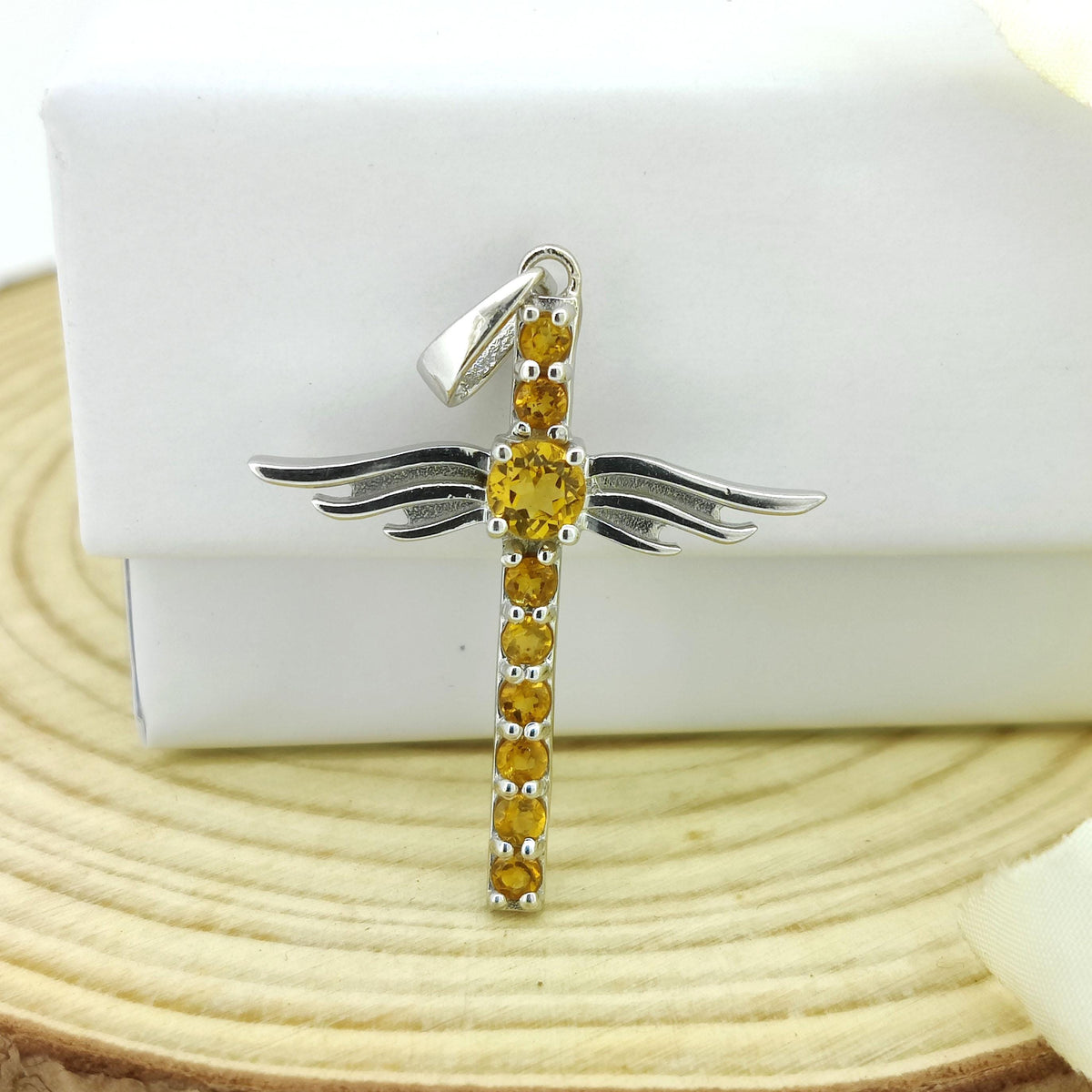 Citrine Cross Pendant: Round Gemstone, Sterling Silver November Birthstone