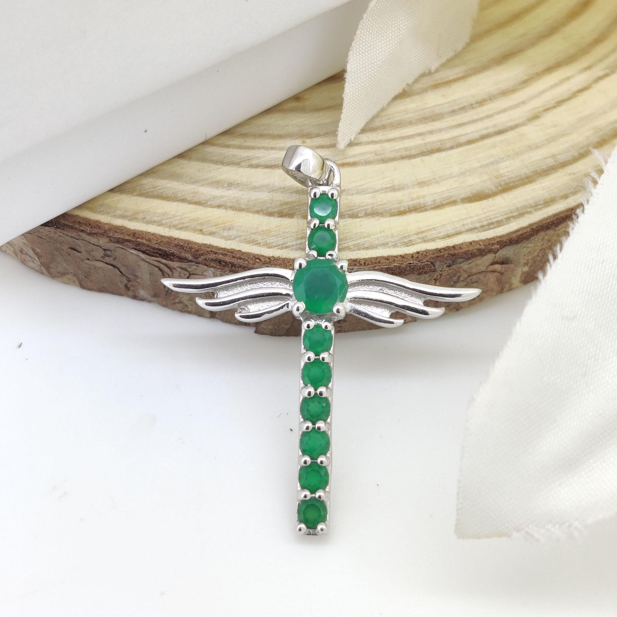 Green Onyx Cross Pendant: Sterling Silver Feather Jewelry, May Birthstone