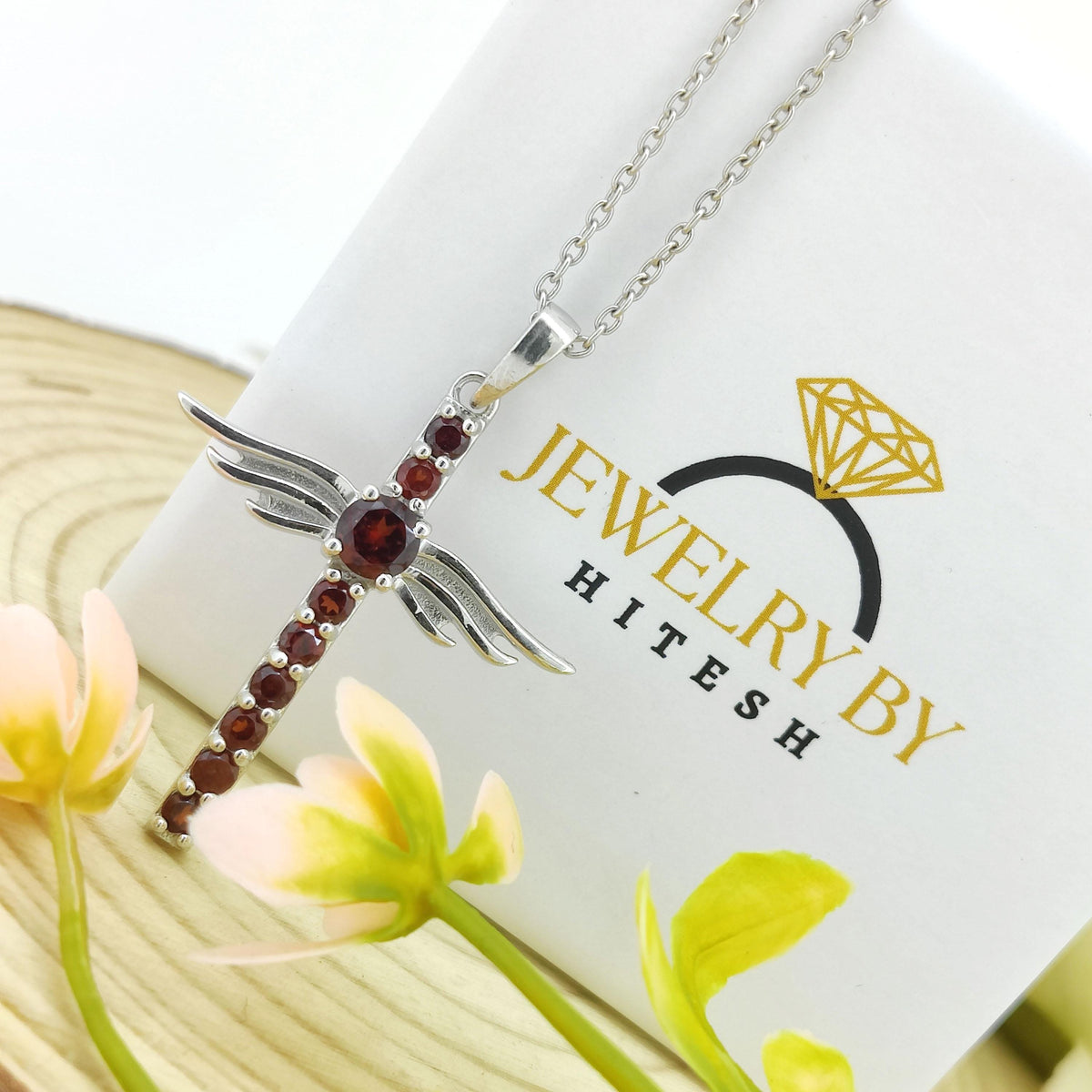 Sterling Silver Garnet Cross Pendant, January Birthstone Necklace