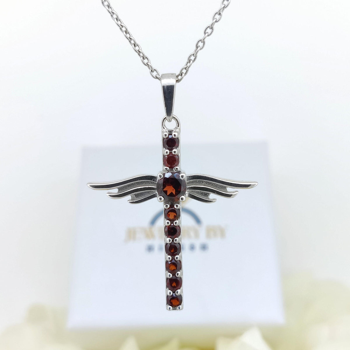 Sterling Silver Garnet Cross Pendant, January Birthstone Necklace