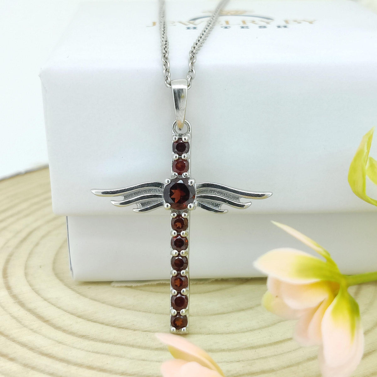 Sterling Silver Garnet Cross Pendant, January Birthstone Necklace