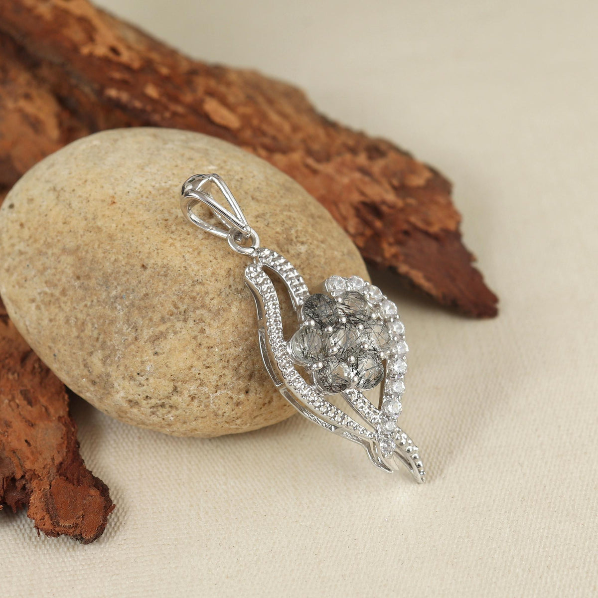 Black Rutile Flower Pendant: Sterling Silver Gemstone Jewelry