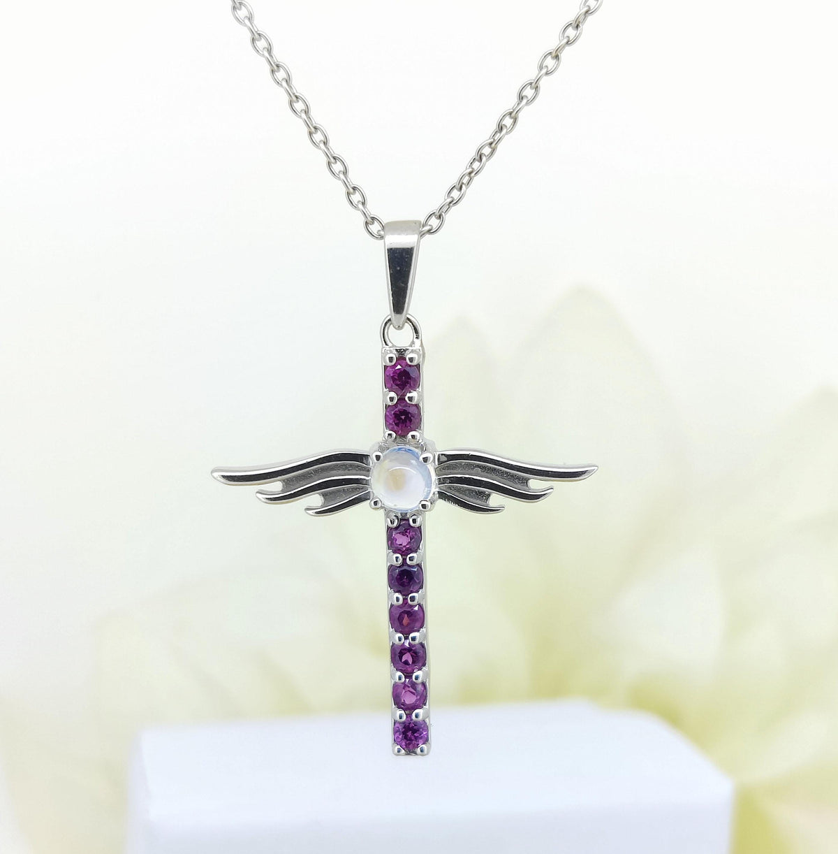 Rhodolite Garnet Cross Pendant: Sterling Silver Moonstone June Birthstone
