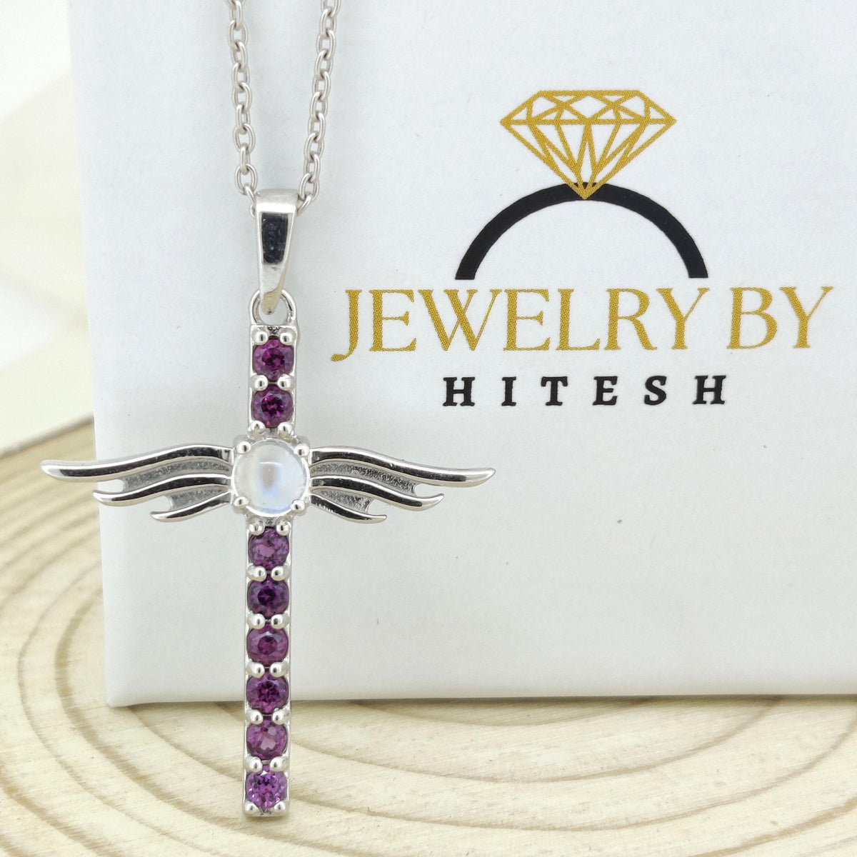 Rhodolite Garnet Cross Pendant: Sterling Silver Moonstone June Birthstone