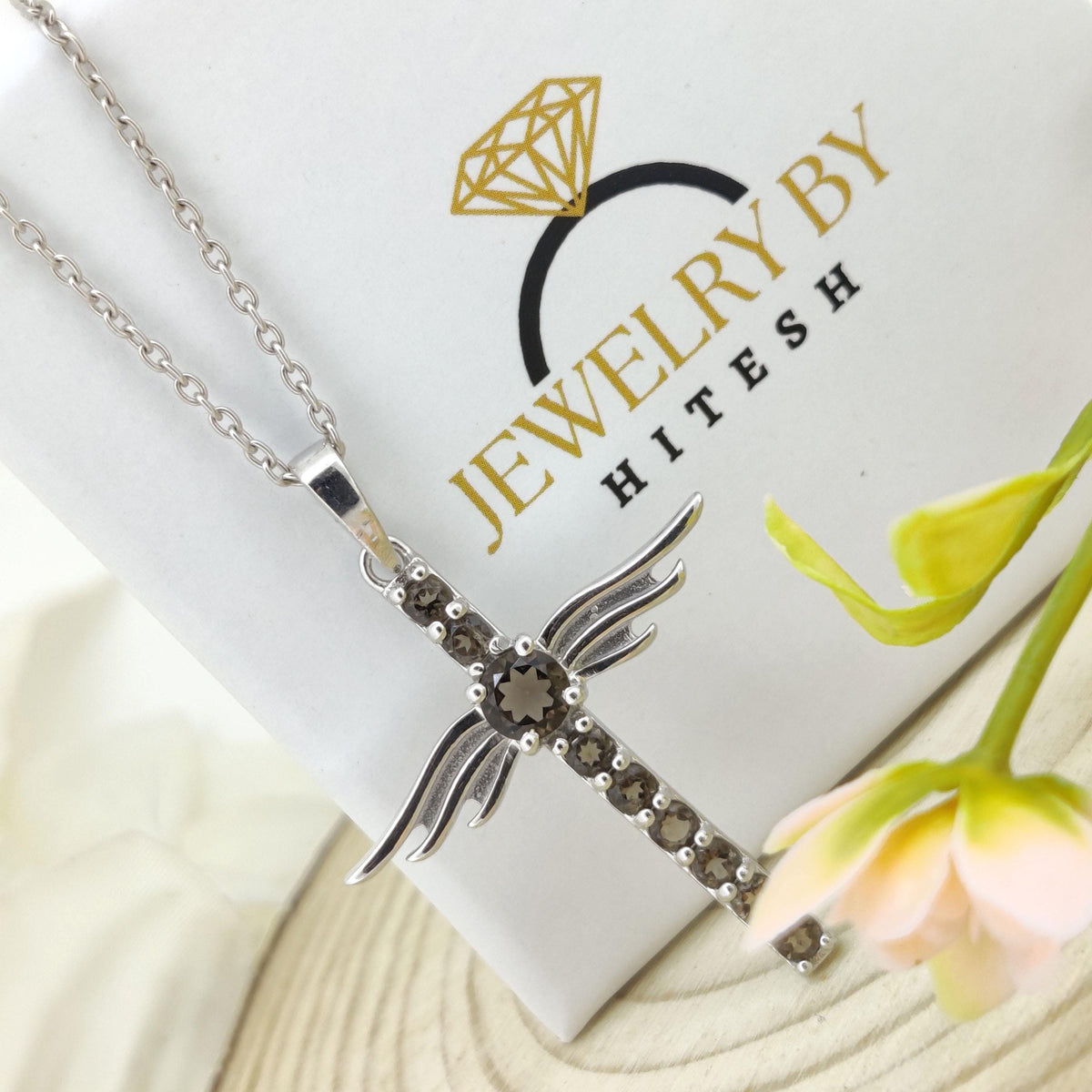 Smoky Quartz Cross Pendant: Sterling Silver Feather Jewelry, June Birthstone