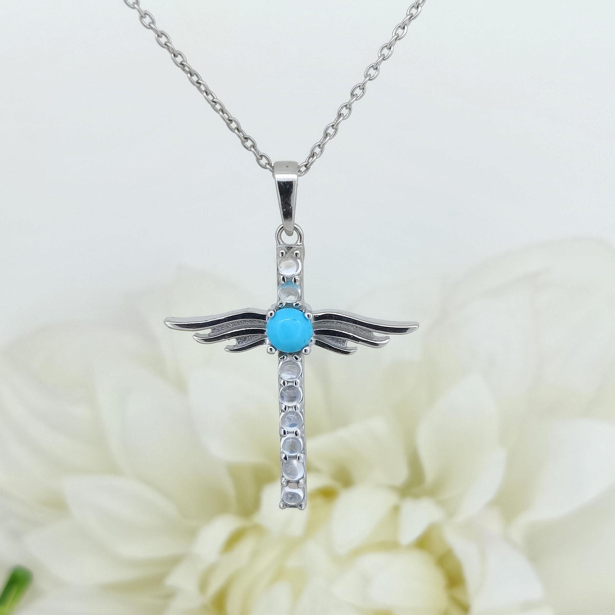Rainbow Moonstone Cross Pendant: Sterling Silver Turquoise Gemstone