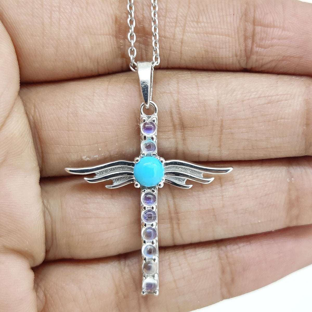 Rainbow Moonstone Cross Pendant: Sterling Silver Turquoise Gemstone