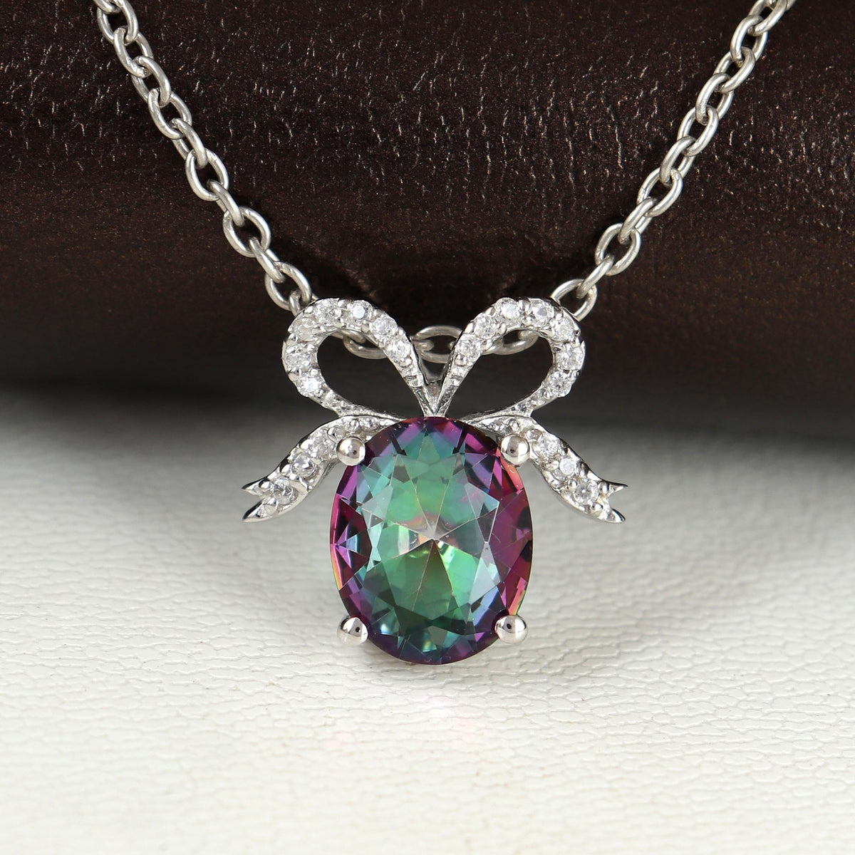 Oval Mystic Topaz Pendant Necklace, Sterling Silver Bow, November Birthstone, Rainbow Gemstone