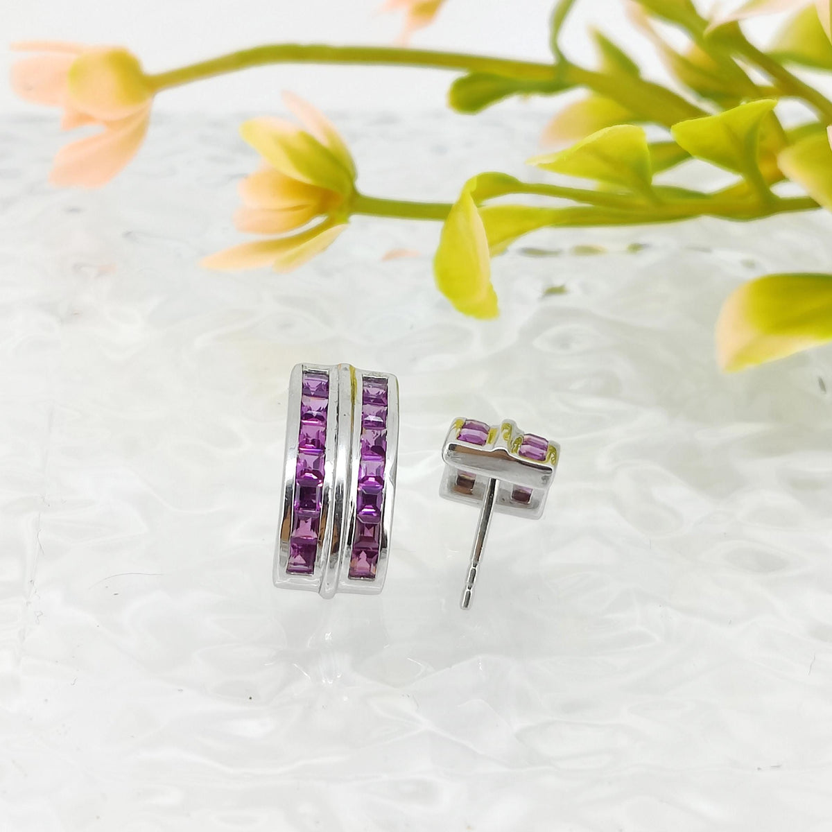 Natural Rhodolite Garnet Stud Earring-Square Cut Pink Gemstone-925 Sterling Silver Jewelry-January Birthstone Earrings-Rhodolite Jewelry
