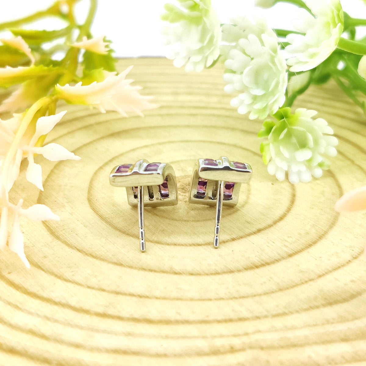 Natural Rhodolite Garnet Stud Earring-Square Cut Pink Gemstone-925 Sterling Silver Jewelry-January Birthstone Earrings-Rhodolite Jewelry