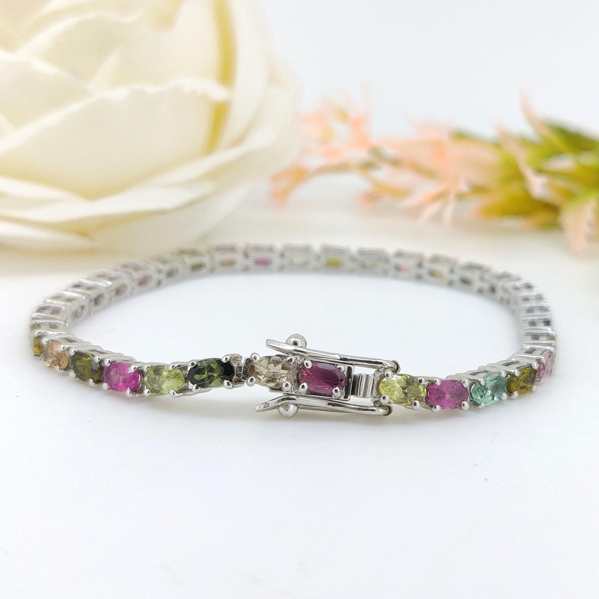 Natural Multi Tourmaline Tennis Bracelet-925 Sterling Silver-Oval Cut Gemstone-October Birthstone Jewelry-Tourmaline Jewelry-Gift for wife