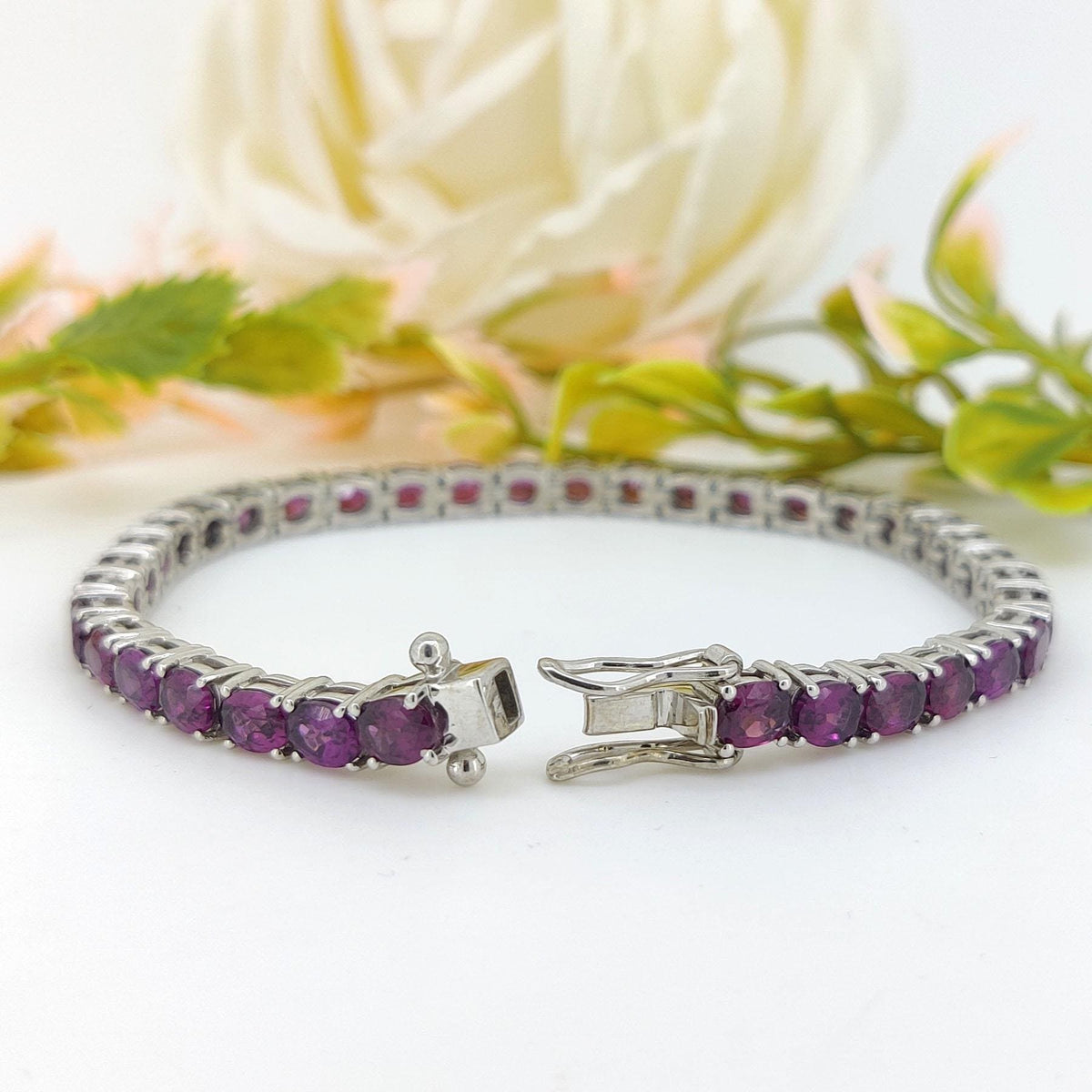 Natural Rhodolite Garnet Tennis Bracelet-Oval Cut Gemstone-June Birthstone Jewelry-925 Sterling Silver Bracelet-Rhodolite Garnet Jewelry