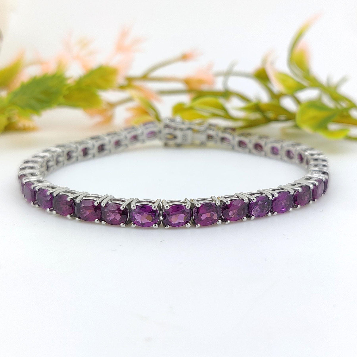 Natural Rhodolite Garnet Tennis Bracelet-Oval Cut Gemstone-June Birthstone Jewelry-925 Sterling Silver Bracelet-Rhodolite Garnet Jewelry