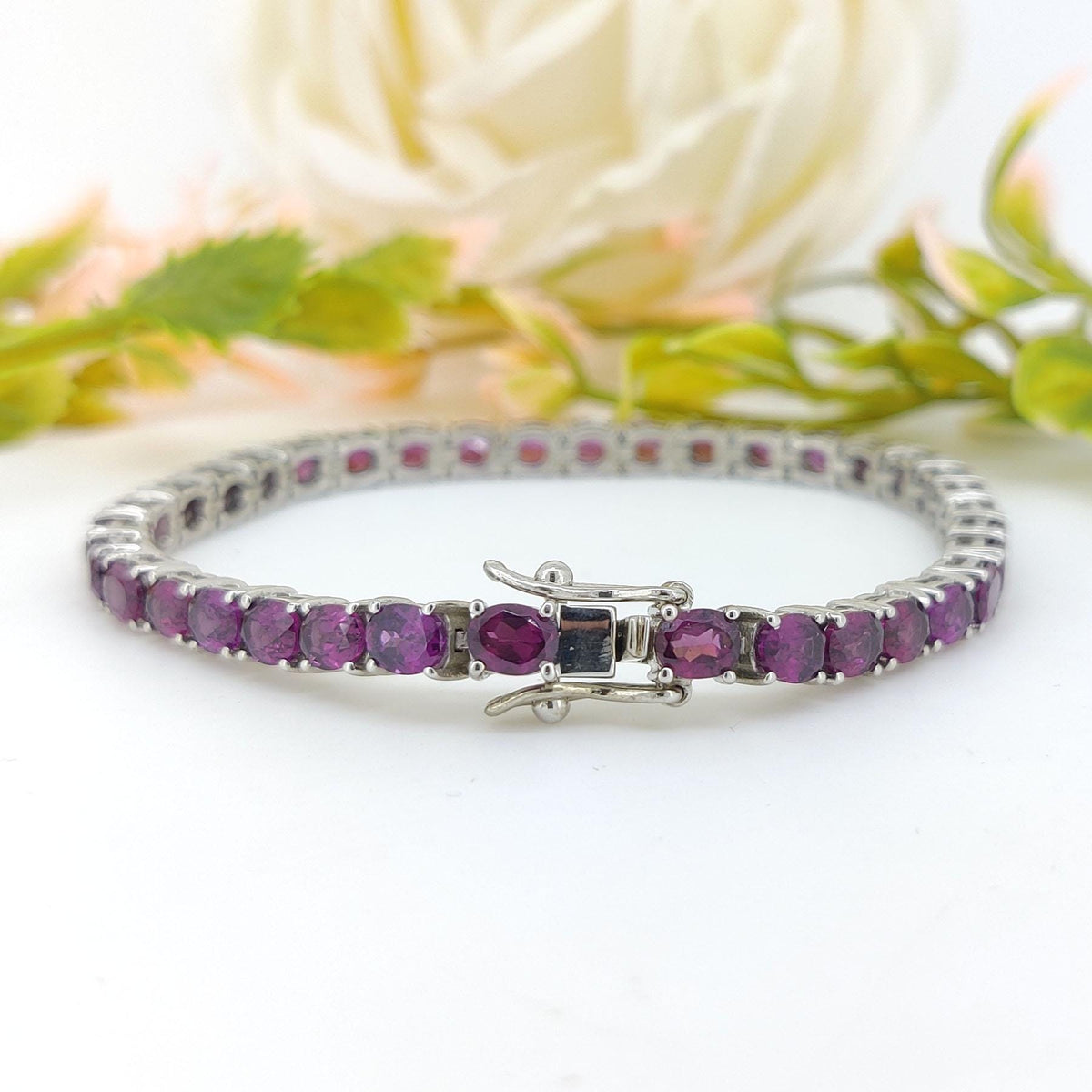 Natural Rhodolite Garnet Tennis Bracelet-Oval Cut Gemstone-June Birthstone Jewelry-925 Sterling Silver Bracelet-Rhodolite Garnet Jewelry