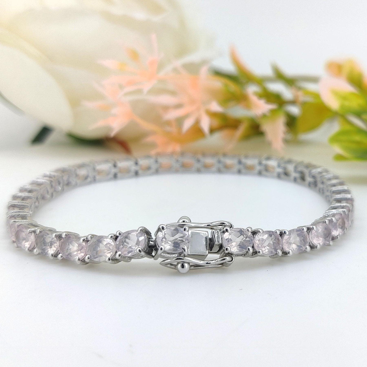 Rose Quartz Tennis Bracelet: 925 Sterling Silver Oval Gemstone