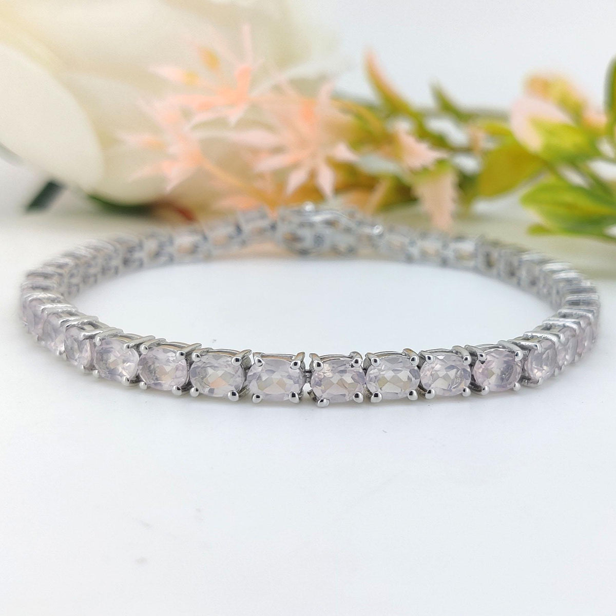 Rose Quartz Tennis Bracelet: Sterling Silver Oval Gemstone Jewelry
