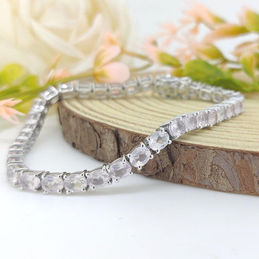 Rose Quartz Tennis Bracelet: Sterling Silver Oval Gemstone Jewelry